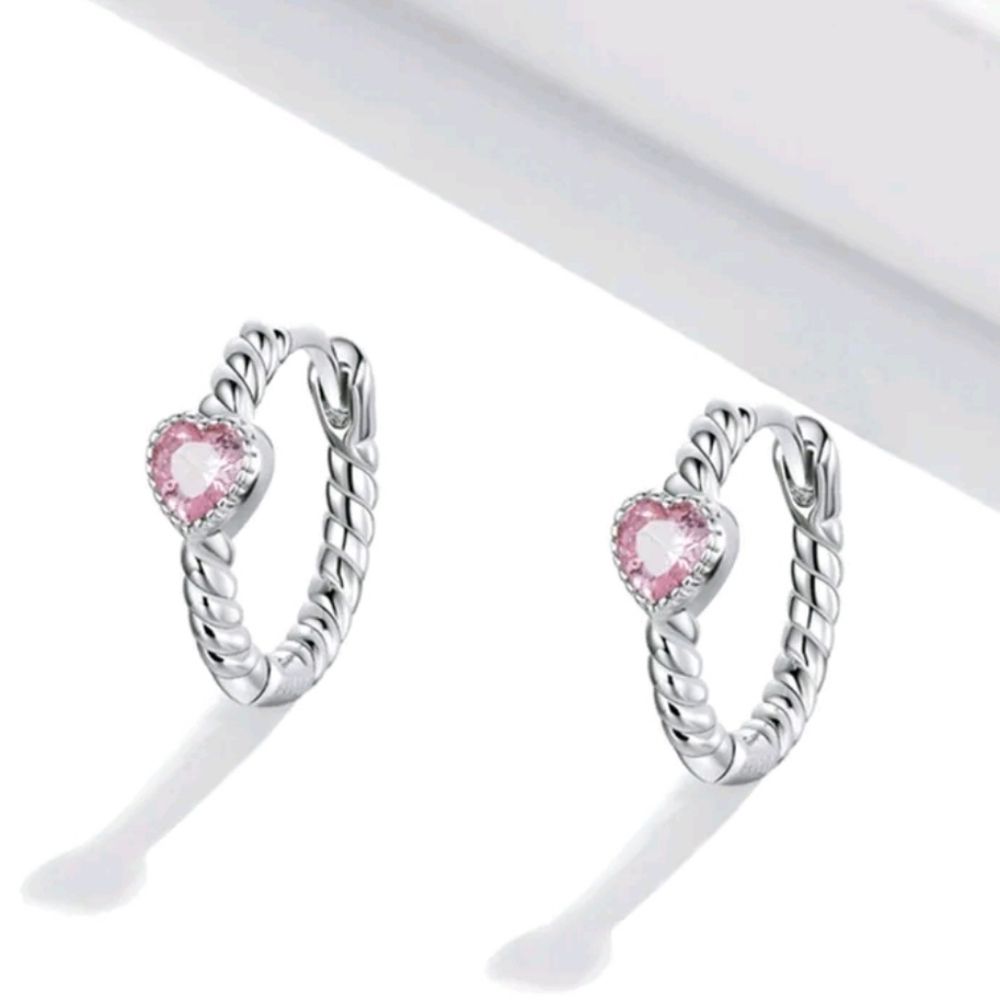 Simple Silver Plated Hoop Huggie Earring With Pink Cz Hearts